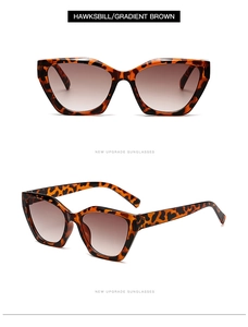 Detailed front and side view of cat eye sunglasses in hawksbill frame and brown lenses