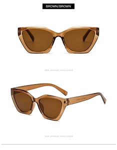 Detailed views of brown cat-eye sunglasses with geometric frames and amber lenses