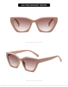 Detailed views of ash pink cat eye sunglasses with gradient brown lenses and thick frames