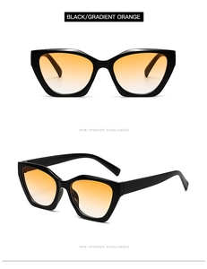 Close-up of black cat-eye sunglasses with gradient orange lenses and professional frame design