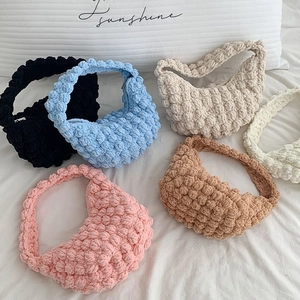 Popcorn Stitch Crochet Handbag For Women Chunky Knit Bubble Texture Hobo Bag Handmade Chic Casual Zipper Tote