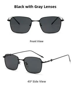 Détail de lunettes de soleil carrées en métal noir montrant la face et le profil à 45
