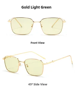 Lunettes de soleil rétro en métal doré avec verres vert clair, vues de face et de profil