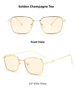 Vue de face et latérale de lunettes de soleil rectangulaires dorées avec verres champagne