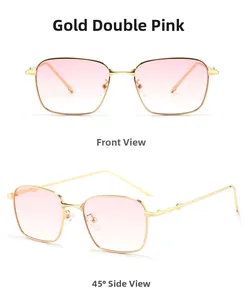 Vue détaillée de lunettes de soleil en métal doré avec verres dégradés roses de face et de côté