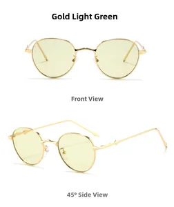 Front and 45-degree side view of oval metal sunglasses with gold light green lenses
