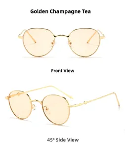 Front and 45-degree angle view of gold metal oval sunglasses with champagne brown lenses