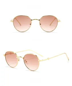 Front and side view of gold metal oval sunglasses with brown gradient lenses