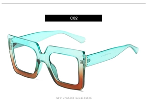 Detail view of square frame blue light glasses with green to orange gradient finish