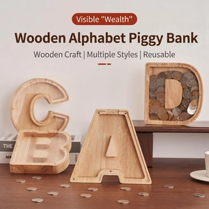 Hucha de madera con forma de letra y panel acrílico para monedas y decoración