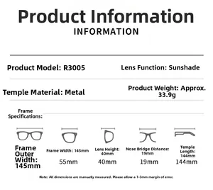 Detailed sizing chart and technical specifications for square metal sunglasses