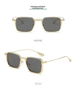 Detail of vintage square gold metal frames with grey lenses showing front and side views