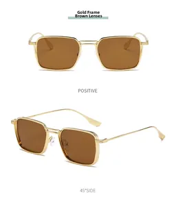 Front and 45-degree side view of vintage square metal sunglasses with gold frame and tea lenses