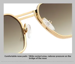 Macro detail of comfortable silicone nose pads on golden square metal sunglasses