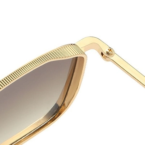 Vintage square metal sunglasses with vertical stripe texture and dark lenses in gold finish