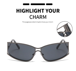 Détail des lunettes de soleil enveloppantes gris foncé avec monture et branches en métal