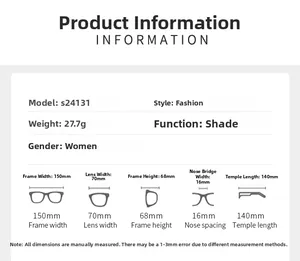 Detailed size chart for oversized butterfly sunglasses showing frame dimensions and weight