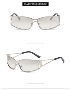 Détail de lunettes de soleil en métal argenté avec branches creuses et verres gris