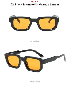 Détail macro de lunettes de soleil rectangulaires rétro avec monture noire et verres orange