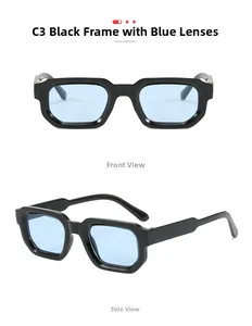 Vue de face et de profil des lunettes de soleil carrées noires avec verres bleu clair