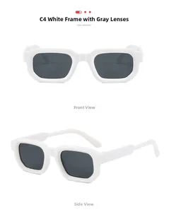 Lunettes de soleil rectangulaires blanches avec verres gris, vues de face et de profil
