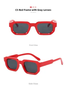 Vues de face et de côté des lunettes de soleil rectangulaires rouges vintage