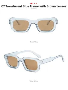 Détails de lunettes de soleil carrées vintage avec monture bleu transparent et verres bruns