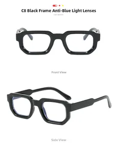 Vue détaillée face et côté des lunettes noires à monture épaisse avec verres anti-lumière bleue