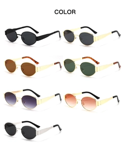 Detailed display of oval metal sunglasses showing seven color variants with gradient lenses