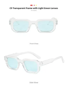 Détail de lunettes de soleil rectangulaires transparentes avec verres vert clair et charnière