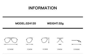 Detailed size chart for retro oval sunglasses with 52mm lens width and 32g weight