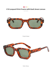 Vue détaillée de lunettes de soleil carrées léopard avec verres vert foncé et monture