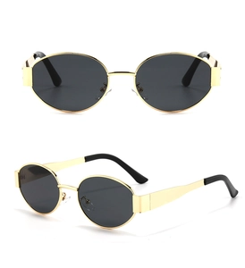 Detailed front and side views of oval sunglasses with gold metal frames and dark lenses