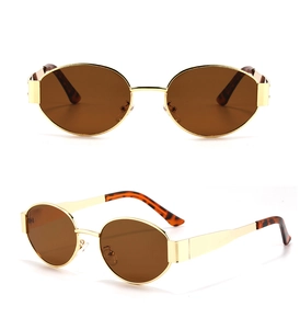 Dual-view close-up of oval sunglasses with gold metal frames and brown lenses