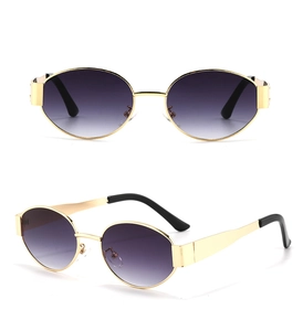 Detailed view of oval metal sunglasses with purple gradient lenses and gold frames