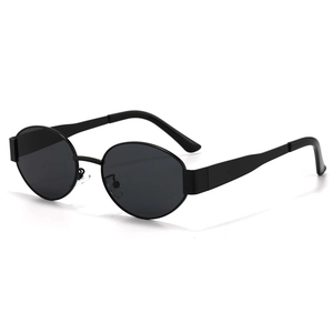 Chic small oval black metal sunglasses for women featuring a minimalist vintage frame design