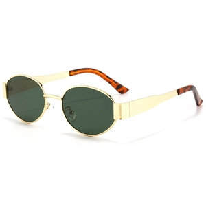 Oval metal sunglasses for women with gold frame and dark lenses in vintage style