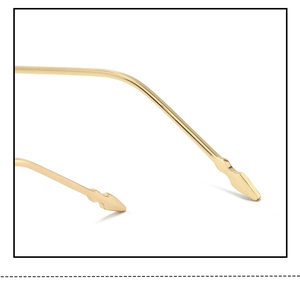 Detailed close-up of glossy gold metal glasses temples with unique flat end design