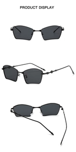 Three-view display of black polygon metal frame sunglasses with unique twisted temple detail