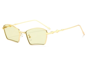 Detailed side view of gold polygonal sunglasses featuring vintage bamboo-style metal temples