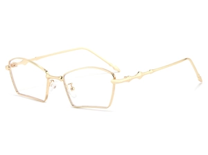 Close-up of golden polygonal metal eyewear frames with unique bamboo-style temples