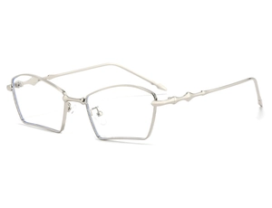 Detail of silver geometric polygonal metal frame glasses with wavy temple design