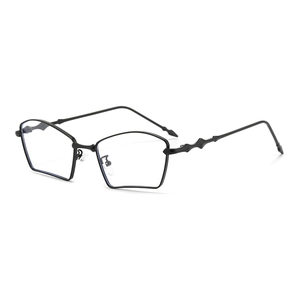 Modern black geometric pentagon metal glasses frame with unique wavy temples on white back
