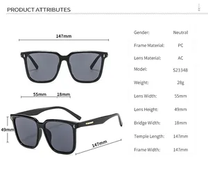 Detailed size chart for square sunglasses showing lens, bridge, and temple measurements