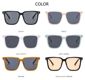 Detail view of square sunglasses with metal rivets in six modern color variations