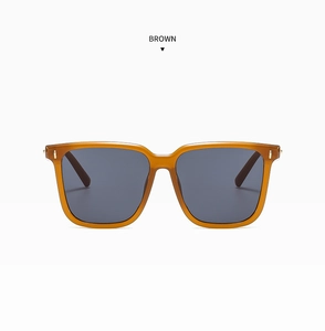 Detail of square oversized brown sunglasses with sleek temples and gold rivets