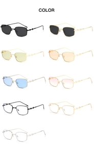 Matrix of rectangular small-frame sunglasses with thin metal legs and colored lenses
