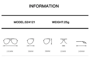 Detailed size chart of S24121 square metal sunglasses with dimensions and weight info