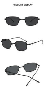 Multiple views of black rectangle polarized sunglasses with thin geometric metal arms