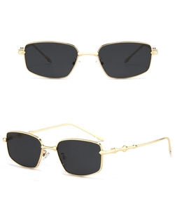 Detailed views of square metal sunglasses with bamboo style temples and dark grey lenses